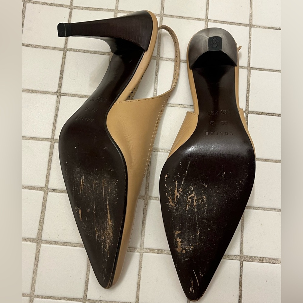 Celine Beige Leather Slingback Heels Women’s Size 10 / 40 EU with FLAWS - Picture 11 of 13